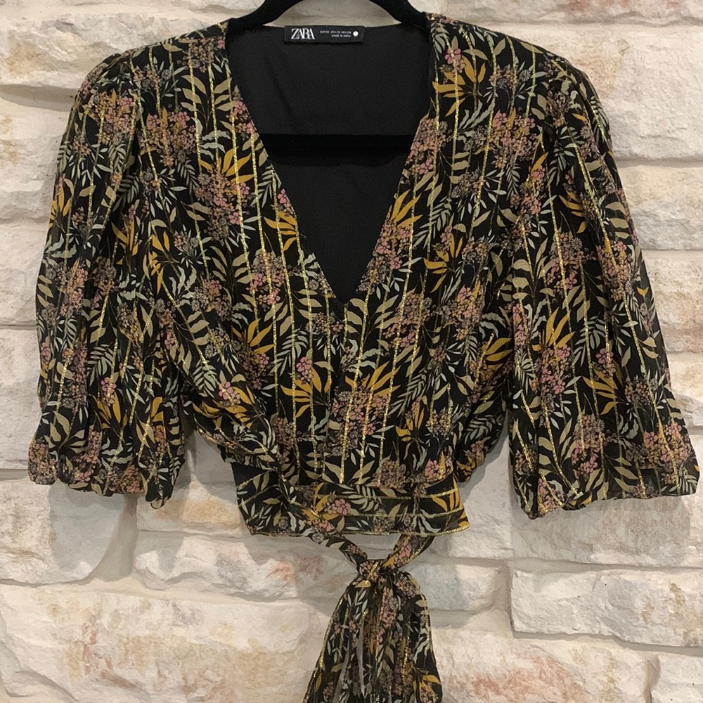 Zara jungle print/metallic wrap top, US size XS